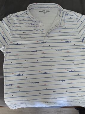 Matte Grey Men’s White Striped Polo with Shark Print